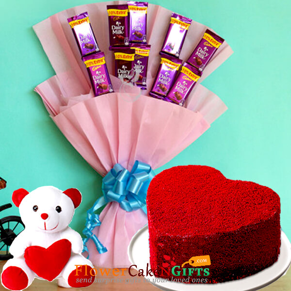 1kg eggless red velvet heart shape cake n teddy chocolate bouquet