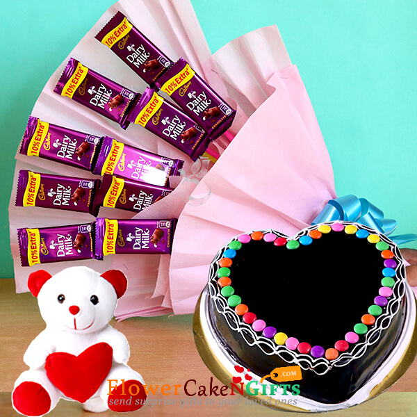 half kg chocolate gems heart shaped cake teddy dairy milk chocolate bouquet