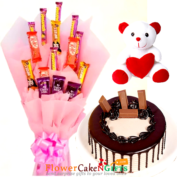 half kg eggless kitkat chocolate cake teddy mix chocolate bouquet