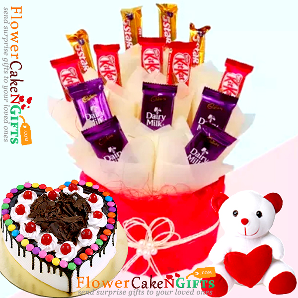 1kg black forest gems heart shaped cake teddy chocolates hamper
