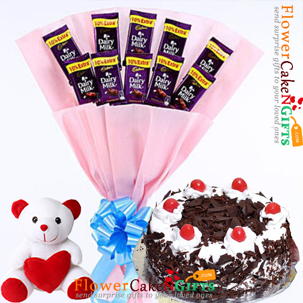 half kg eggless black forest cake teddy dairy milk chocolate bouquet