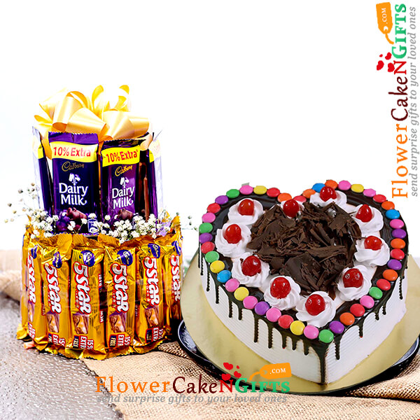 half kg eggless heart shape black forest gems cake with two layer chocolate arrangement