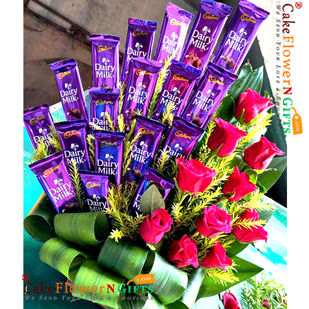 10 red roses with 20 dairy milk bouquet