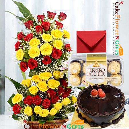 half kg eggless chocolate truffle cake and 50 red n yellow tall basket ferocher chocolate