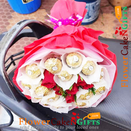 5 red roses with 16 ferrero rocher chocolate bouquet