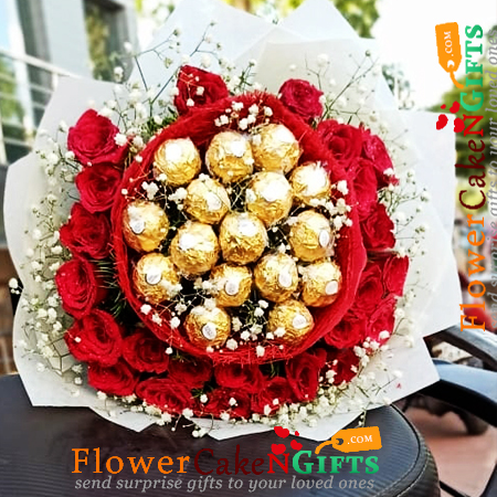 25 red roses with 16 ferrero rocher chocolate bouquet