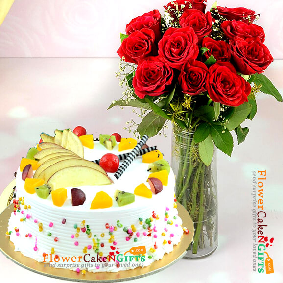 1kg eggless fruit cake n 12 pink roses in a vase
