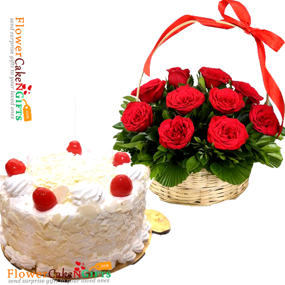 half kg white forest cake and 15 red roses basket
