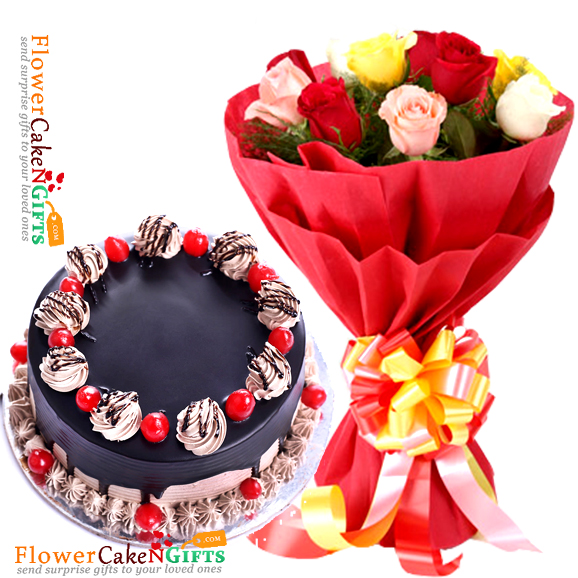 half kg designer chocolate cake and 10 mix roses bouquet
