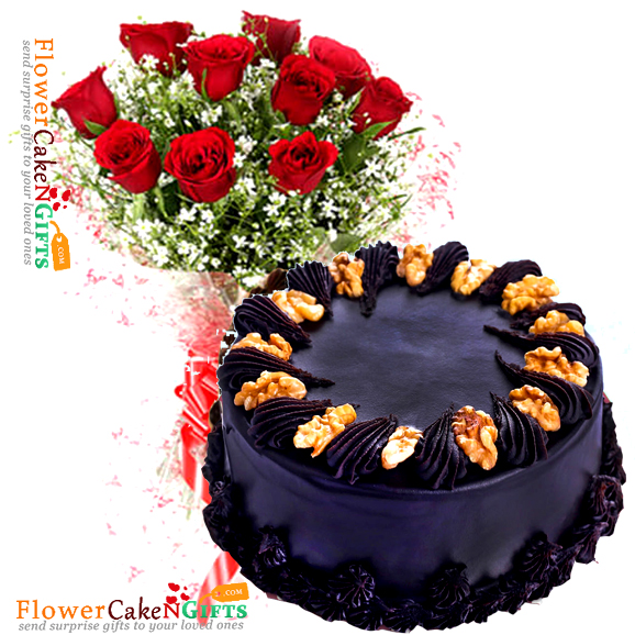 half kg choco walnut cake n 10 roses bouquet