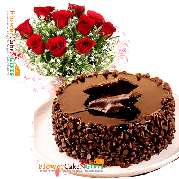 half kg choco chip cake n 10 roses bouquet