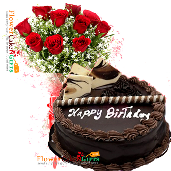 half kg tempting chocolate cake n 10 roses bouquet