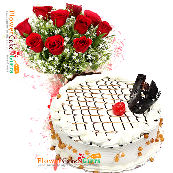 1kg eggless butterscotch cake n 10 roses bouquet