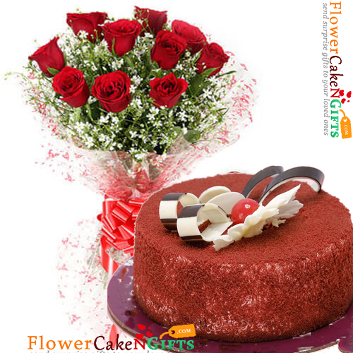 half kg red velvet cake heart shape and 10 roses bouquet