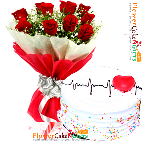 half kg eggless scrumptious hearty vanilla cake and 10 roses bouquet