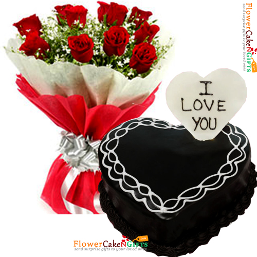 half kg heart shape chocolate cake and 10 roses bouquet
