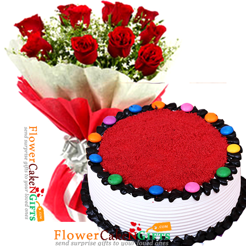 1kg eggless red velvet gems cake heart shape and 10 red roses bouquet