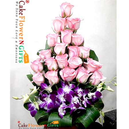 20 pink roses 2 purple orchids basket