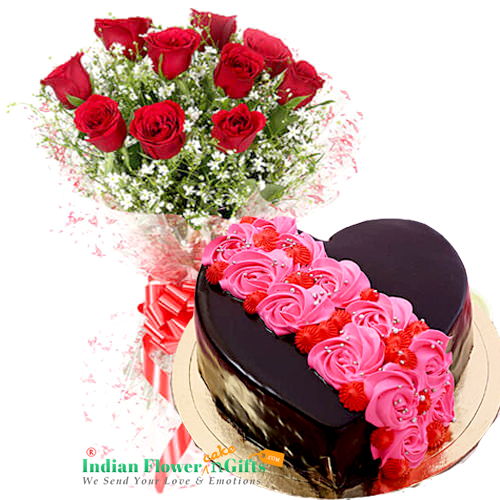 half kg roses on heart designer chocolate cake and 10 roses