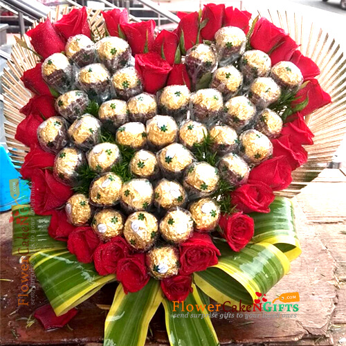 48 ferocher chocolate and 30 roses heart shape  arrangement