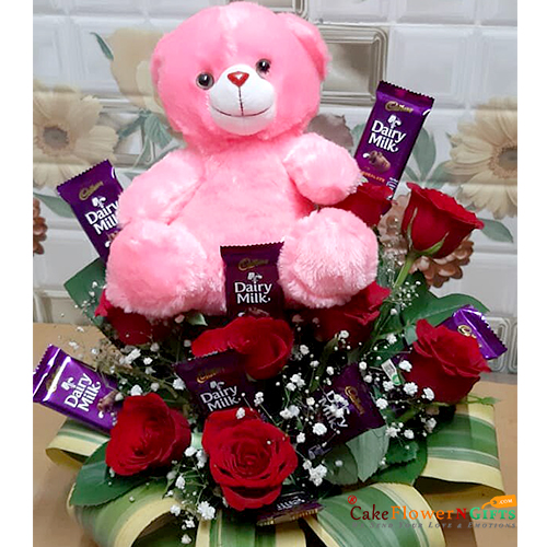 exotic red roses chocolate teddy basket