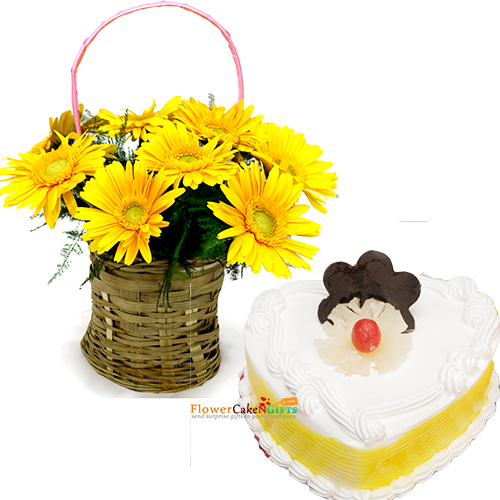 half kg eggless pineapple heart space 10 gerbera basket