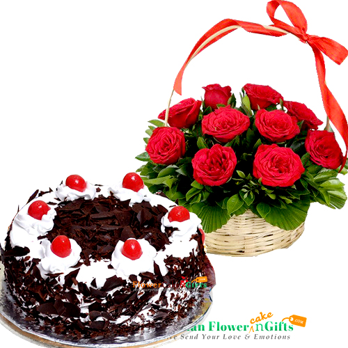 1Kg Eggless Black Forest N Red Roses Basket