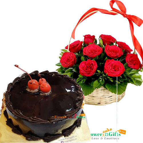 Eggless Chocolate Traffle Cake Half Kg N Red Roses Basket