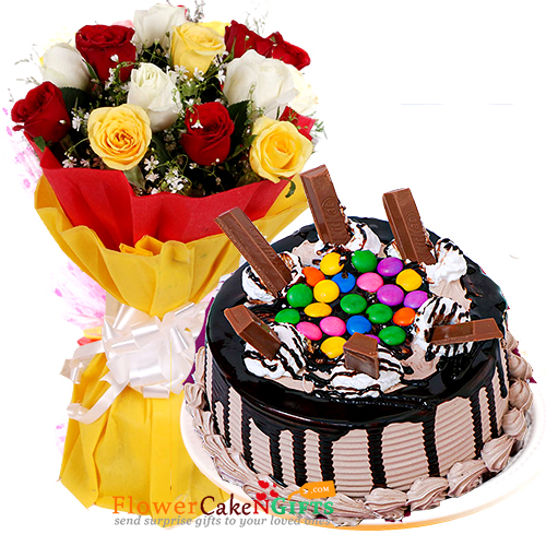 half kg crunchy munchy kit kat cake n 10 roses bouquet