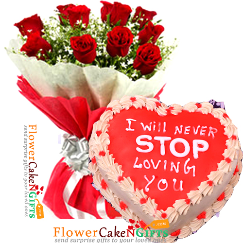 half kg eggless strawberry heart shape cake n 10 roses bouquet 