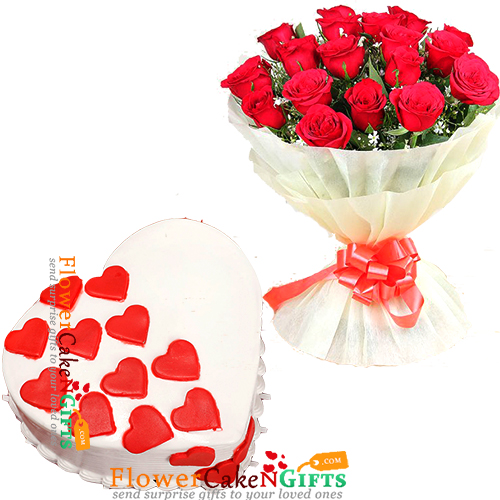 half kg eggless vanilla heart shape cake n 20 roses bouquet 