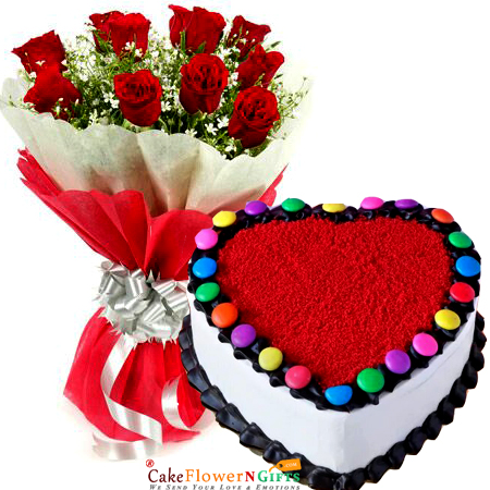 half kg eggless red velvet gems cake n bouquet