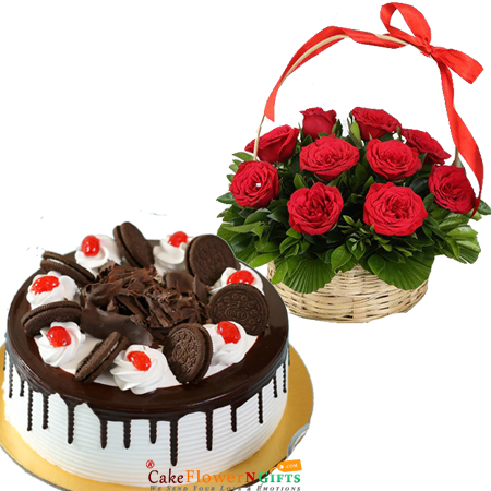 half kg eggless oreo cake 15 roses basket