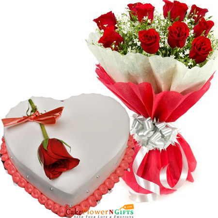 half kg eggless tempting heart shape vanilla cake roses bouquet