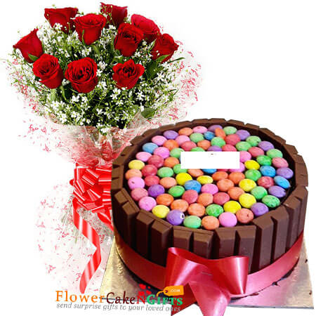 ten mix roses half kg kitkat gems chocolate cake