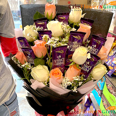 6 pink 6 white rose dairy milk chocolate bouquet