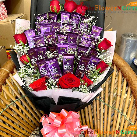 10 red roses 30 dairy milk chocolate bouquet