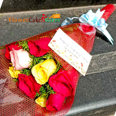 10 red yellow pink roses bouquet