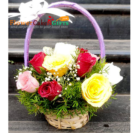 16 red yellow pink roses basket