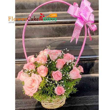 20 pink roses flower basket