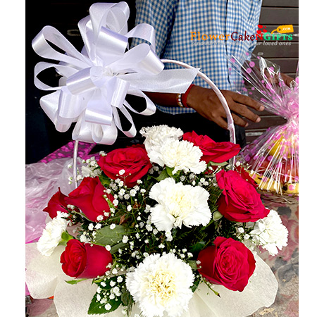 12 White Carnations  13 Red Roses  Basket Arrangement