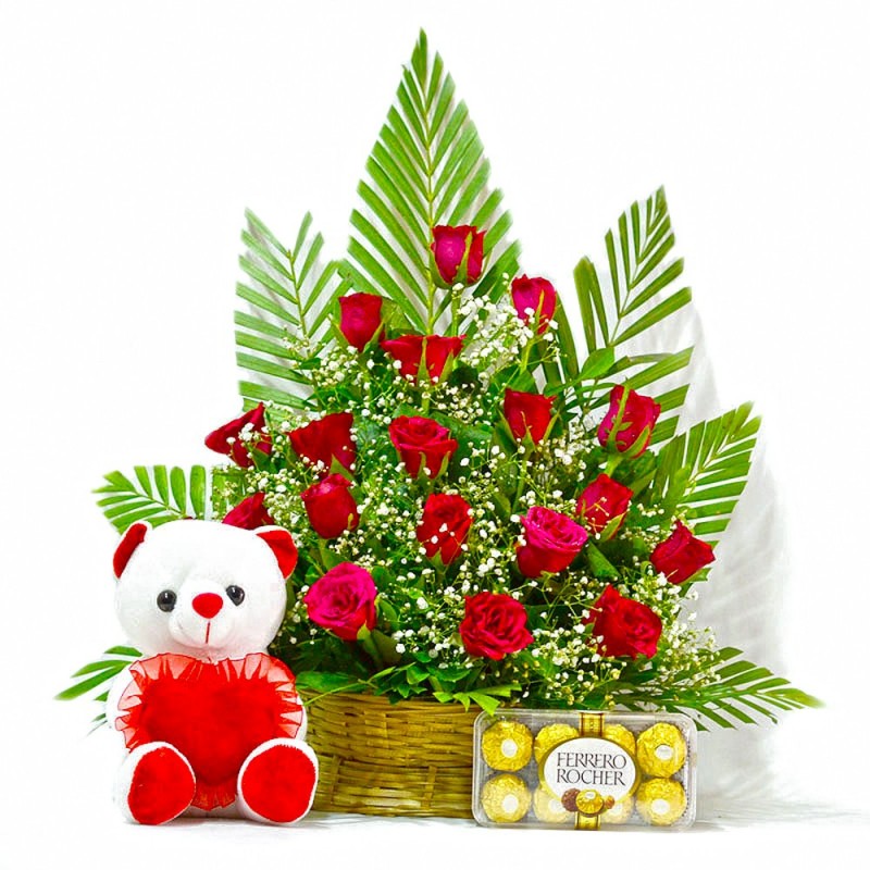 20 Red Roses Basket with Teddy Ferrero Rocher