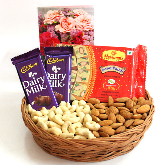 Dairy Milk Soan Papdi 250 gms half kg Cashewnuts  Almonds in Basket