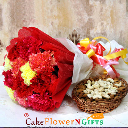 10 mix carnation flowers bouquet and half kg almonds cashews dry fruits hamper