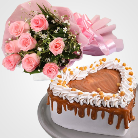 Yummy butterscotch Cake and pink roses flower bouquet |flower and cake delivery